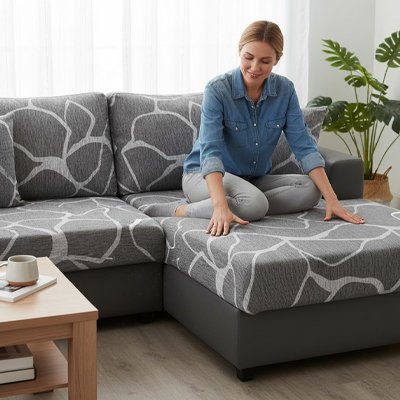 Housse canapé d'angle gris avec trait blanc femme assise dessus sourit est confortable
